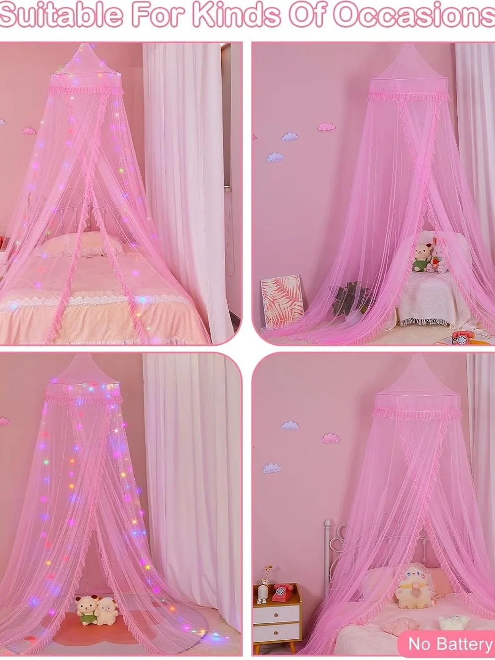 Pink Canopy Bed Net with Multicolor with LED Lights